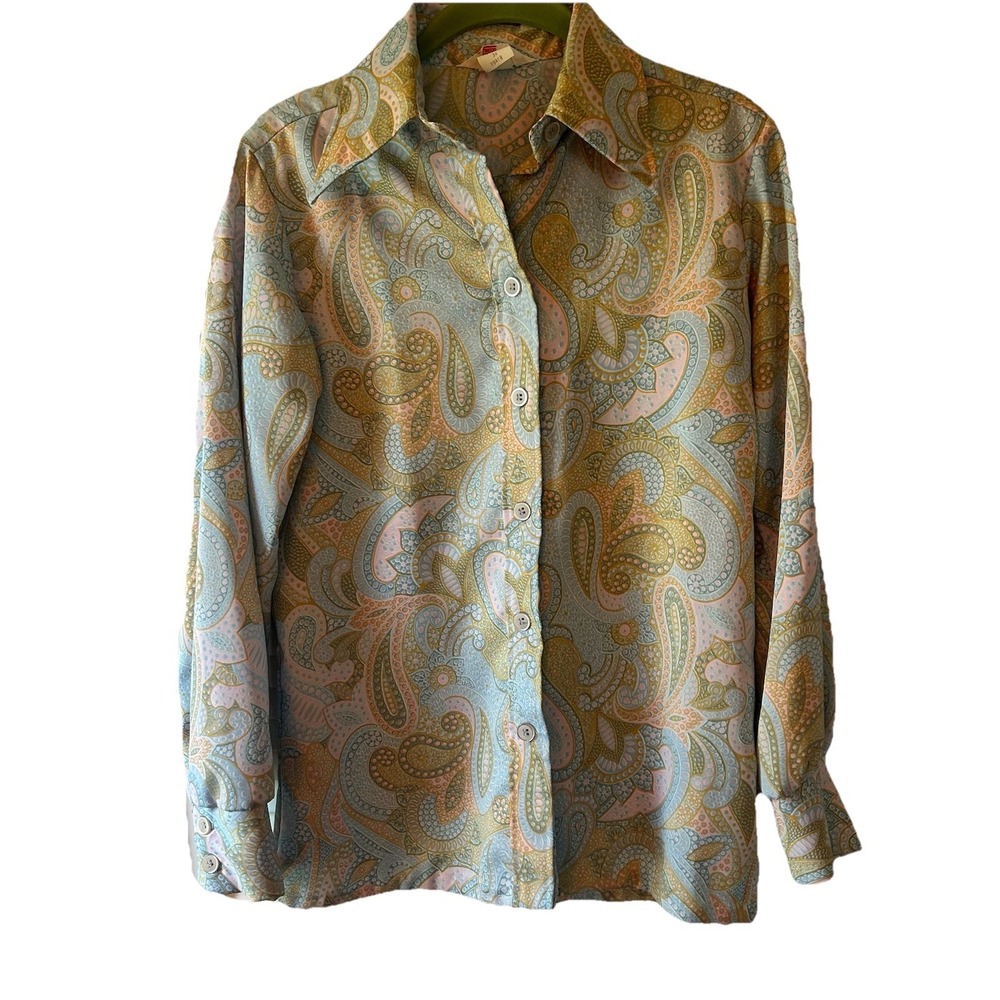 Vintage Laura Mae Life Press Long Sleeve Polyester Blouse Pastel Paisley 13/14